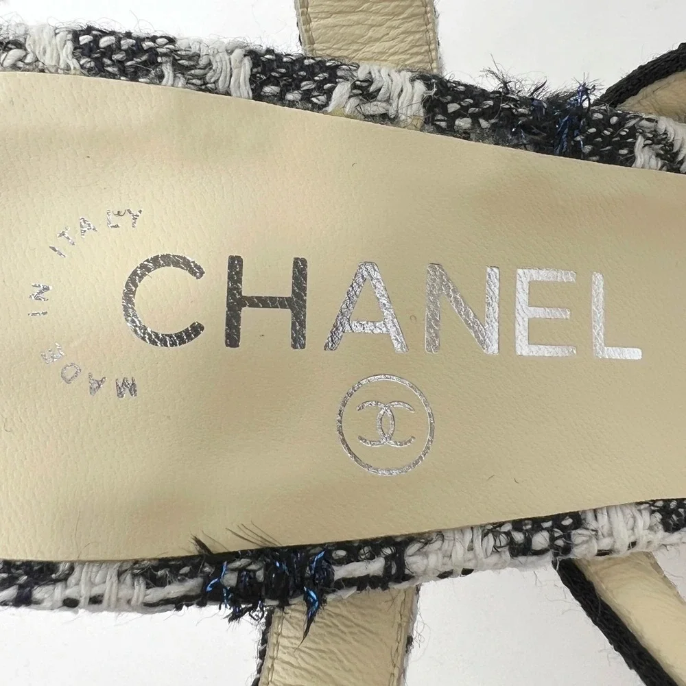 Chanel‎ Tweed Camellia CC Pumps Black White Heels 37.5